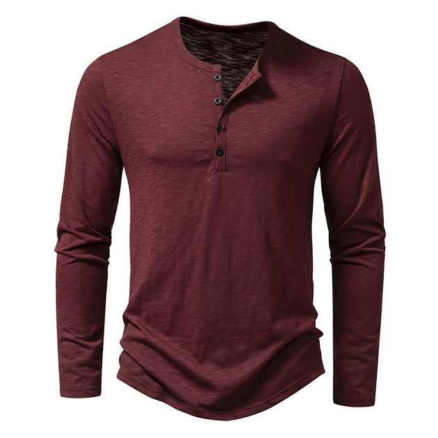 Mens Knit Long Sleeve Henley T-shirt Fashion Button Collar Tops Wine Red Men Clothing Zimivas