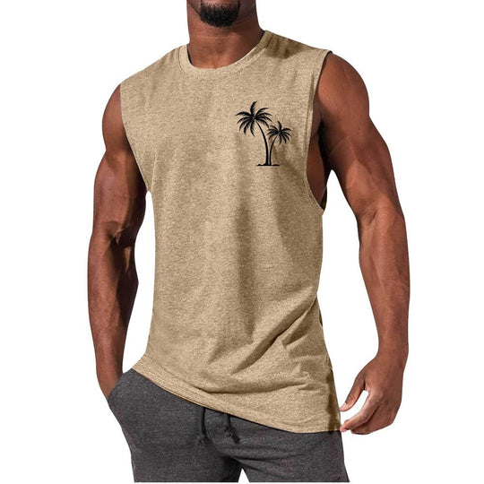 Coconut Tree Embroidery Vest Summer Beach Tank Tops Workout Muscle Men Sports Fitness T-shirt Khaki Men Clothing Zimivas