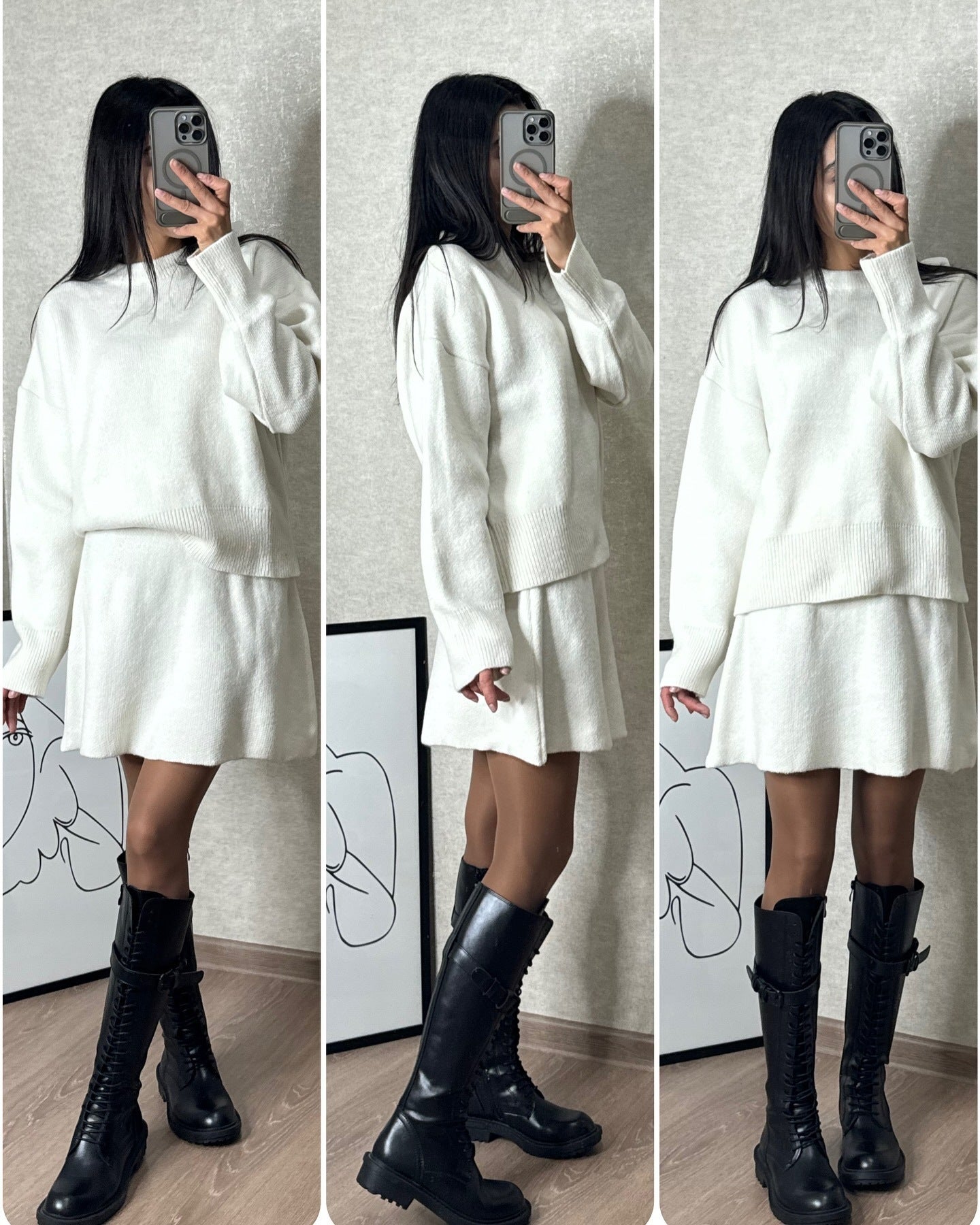 Sweater Skirt Sets For Women 2 Pieces Knit Casual Versatile Long Sleeve Pullover Elegant Solid High Waist Mini Skirt Outfit White Women Clothing Zimivas