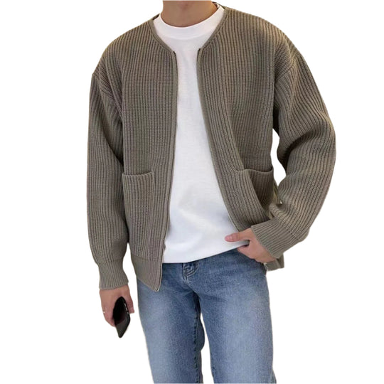 Men Zip Up Knitted Cardigan Lined Funnel Neck Jumper Sweater Pockets Coat All Seasons Comfortable Soft Long Sleeve Khaki Men Clothing Zimivas