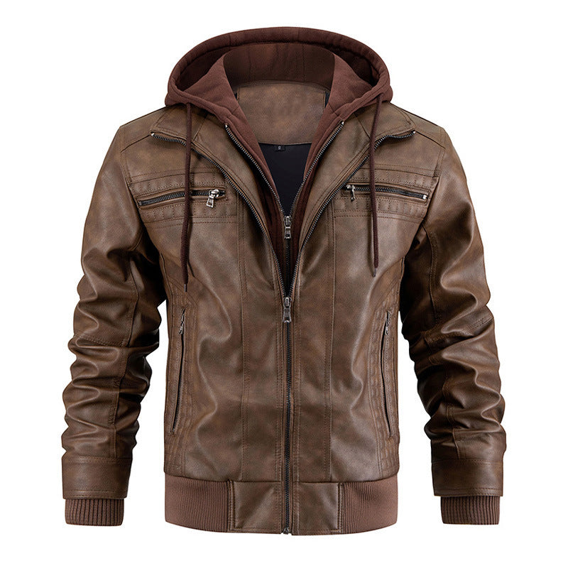 Hooded Jacket With Zipper Pockets Fashion Warm Pu Leather Coat Mens Clothing Brown 0 null