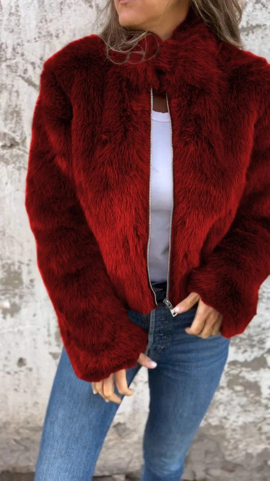 Fashion Stand Collar Plush Jacket Winter Casual Turtleneck Zipper Coat Fleece Tops Women's Clothing Red Women Clothing Zimivas